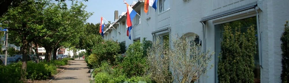 Witte huizen met vrolijke vlaggen in Sintenbuurt Noord
